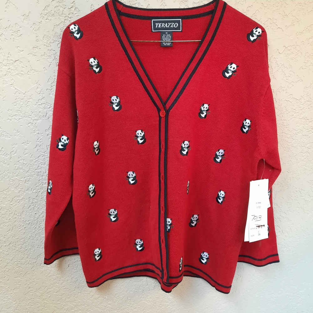 Terazzo Red Embroidered Panda Womens Cardigan Sweater With Front Button Closure.